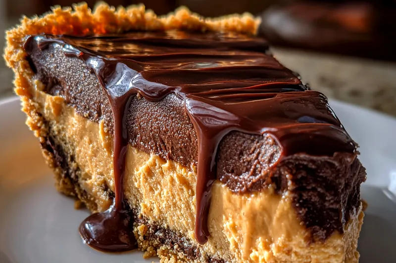 Chef Mitchell pouring melted chocolate over the layered peanut butter dessert in a kitchen setting.