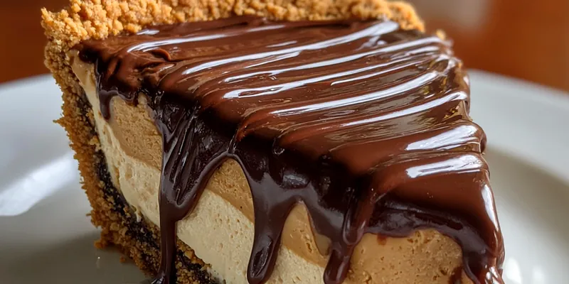 A beautifully plated Decadent Peanut Butter Dessert topped with chocolate drizzle and peanuts.