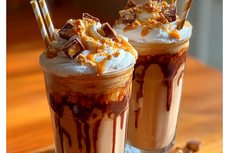 Fresh ingredients for Decadent Peanut Butter Frappuccino including coffee, peanut butter, and milk.