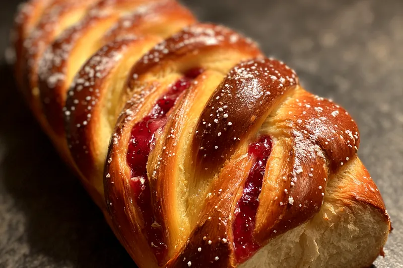 Ingredients for Decadent Raspberry Brioche Loaf including flour, eggs, raspberries, and butter arranged aesthetically.