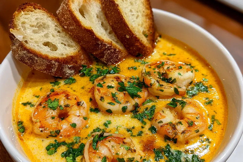 Chef Mitchell stirring the pot of Decadent Seafood Bisque Delight on the stove.