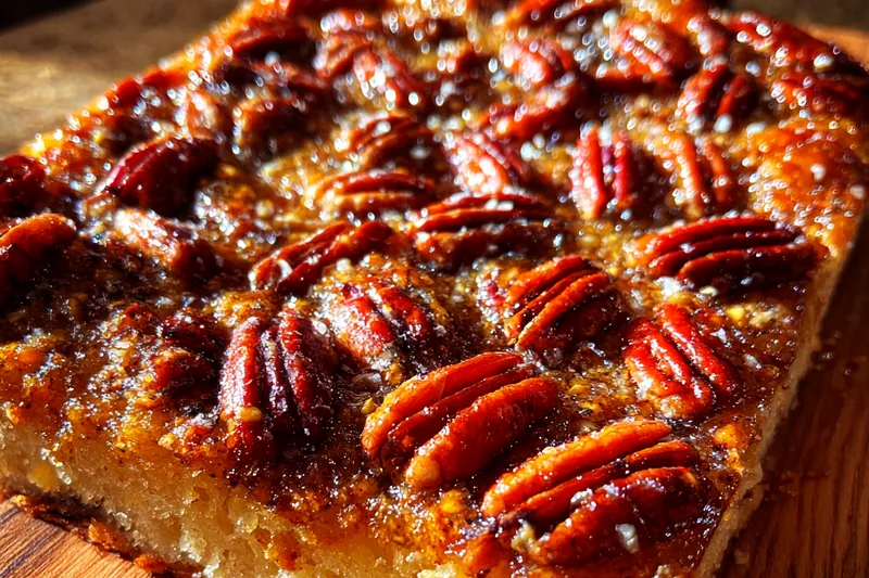 A vibrant arrangement of ingredients including flour, sugar, pecans, and olive oil for Decadent Sticky Pecan Focaccia.