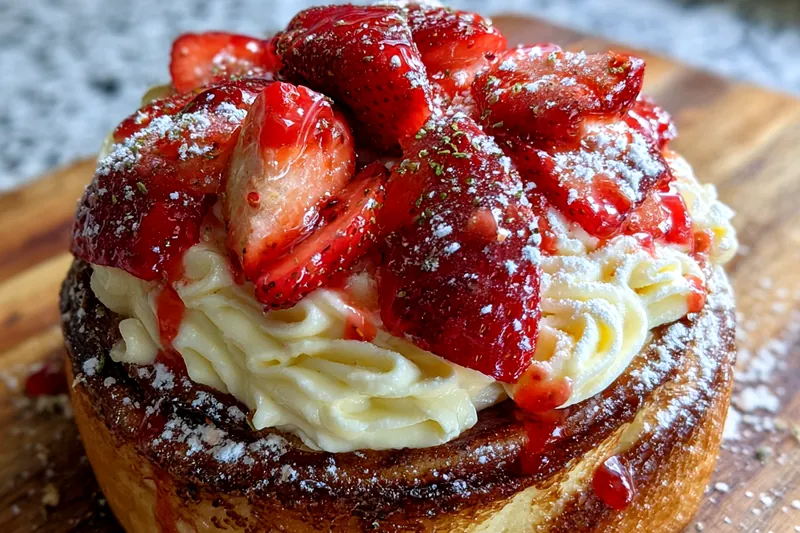 An array of ingredients used to make Decadent Strawberry Cheesecake Rolls, including strawberries, cream cheese, and dough.