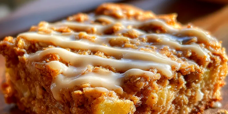 A golden-brown Delicious Apple Oatmeal Bake served in a rustic dish, garnished with fresh apple slices and nuts.