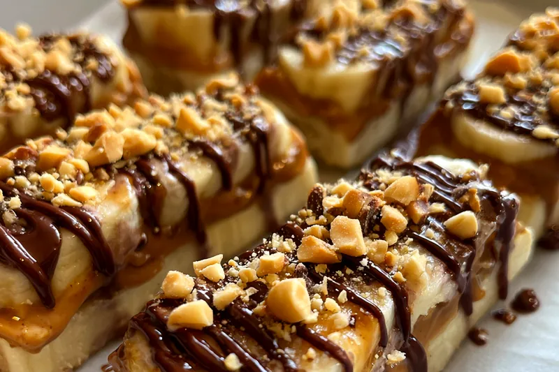 A step-by-step image of the cooking process showcasing melted chocolate being drizzled over banana slices.