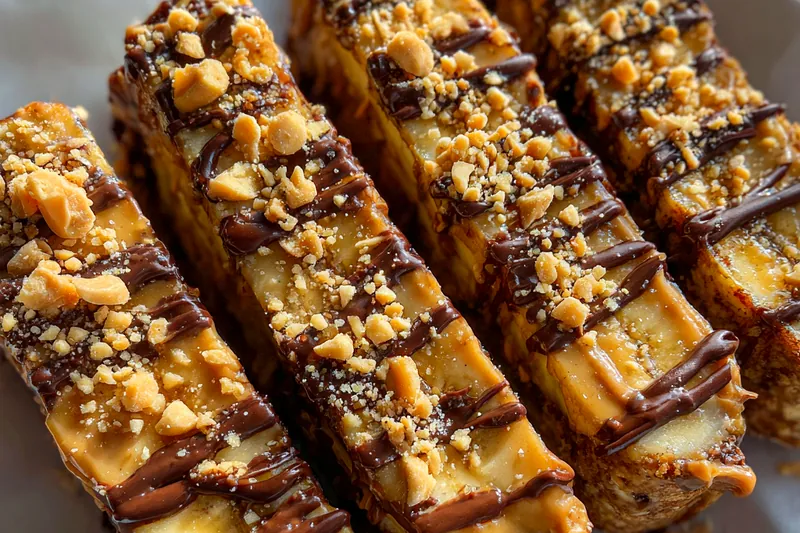 A vibrant setup of all ingredients for Delicious Banana Snickers Snack, including bananas, chocolate, and peanut butter.