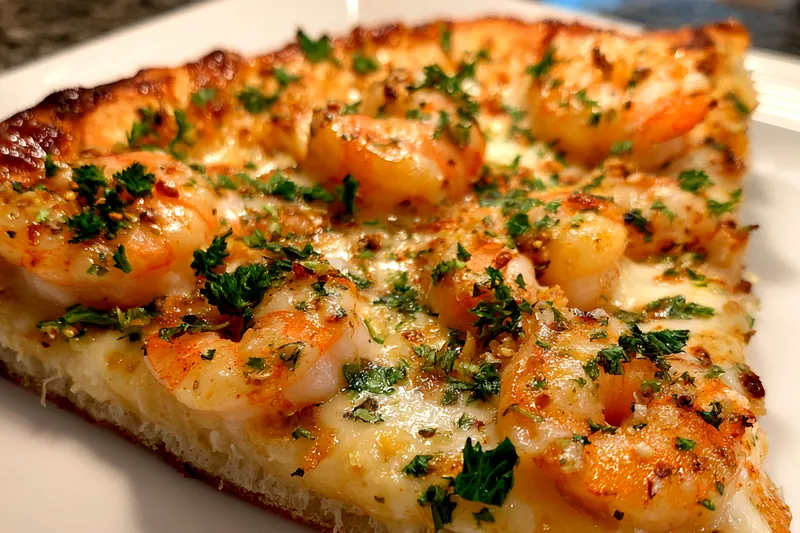 The cooking process of Delicious Garlic Shrimp Pizza showing shrimp sautéing in a pan and cheese being sprinkled on top.