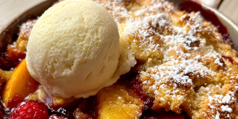 A mouth-watering Peach Raspberry Cobbler served in a rustic dish, with golden crust and vibrant fruit peeking through.