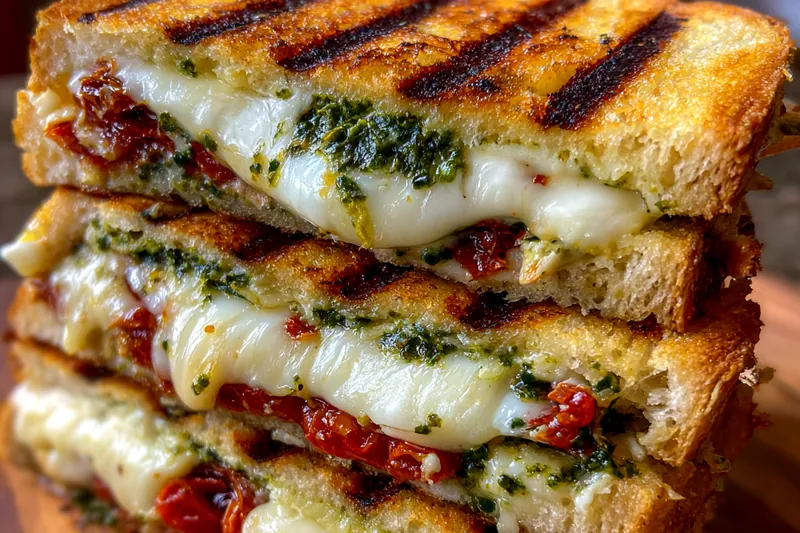 Chef flipping a Delicious Pesto Grilled Cheese in a skillet, showcasing the golden crust and melted cheese.