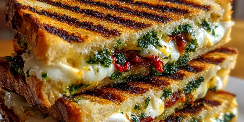 Golden brown Delicious Pesto Grilled Cheese with melted cheese and fresh basil on a wooden board