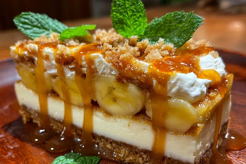 The cooking and preparation process for Delicious Southern Banana Delight, showcasing layers of bananas and cream.
