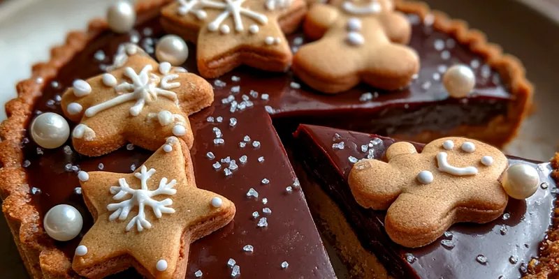 A beautifully presented Festive Caramel Gingerbread Tart, garnished with pecans on a festive table setting.