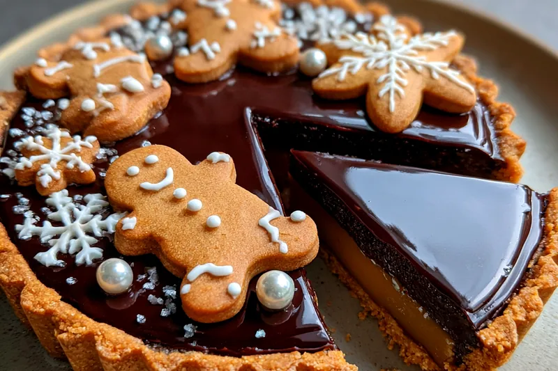 An assortment of fresh ingredients for Festive Caramel Gingerbread Tart including flour, spices, and caramel.