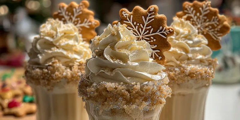 A beautifully presented Festive Creamy Cookie Drink in a mug, topped with whipped cream and crushed cookies, set against a cozy holiday backdrop.