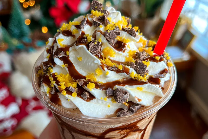 A vibrant display of ingredients for Festive Peppermint Mocha Blend including espresso, milk, peppermint syrup, and toppings.