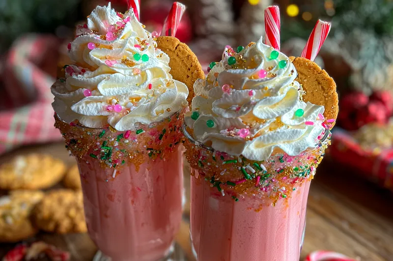A vibrant display of the ingredients for the Festive Pink Cookie Cocktail including vodka, cream, and cookies.