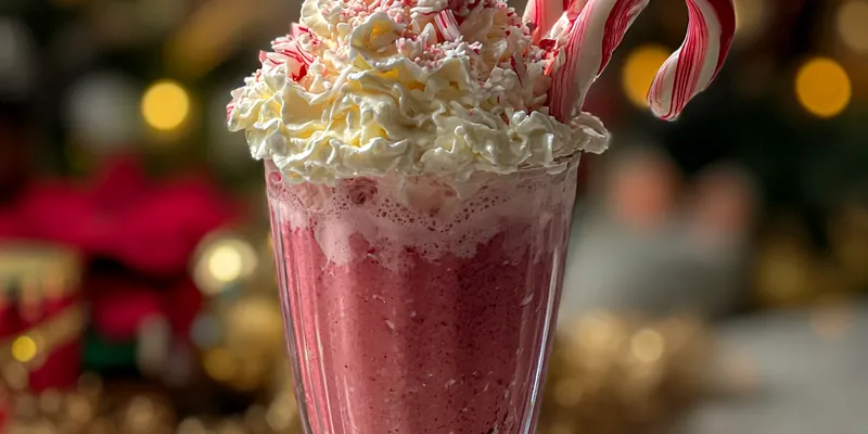 A tall glass of Festive Red Velvet Milkshake with whipped cream and sprinkles, set against a holiday backdrop.