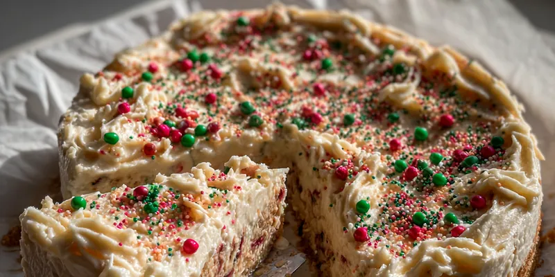 Delicious Festive Sprinkle Cheesecake served on a plate