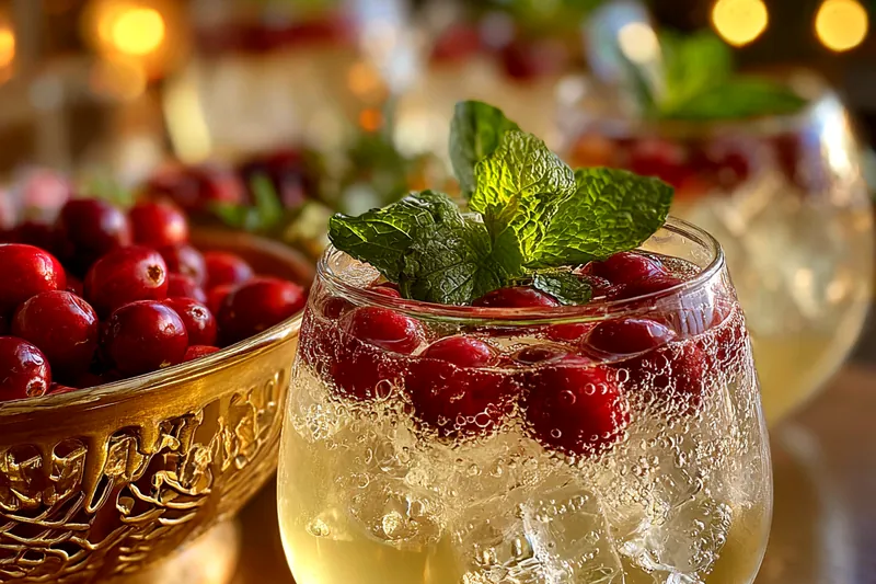 A chef stirring the Festive White Christmas Punch in a large bowl, surrounded by fresh ingredients.