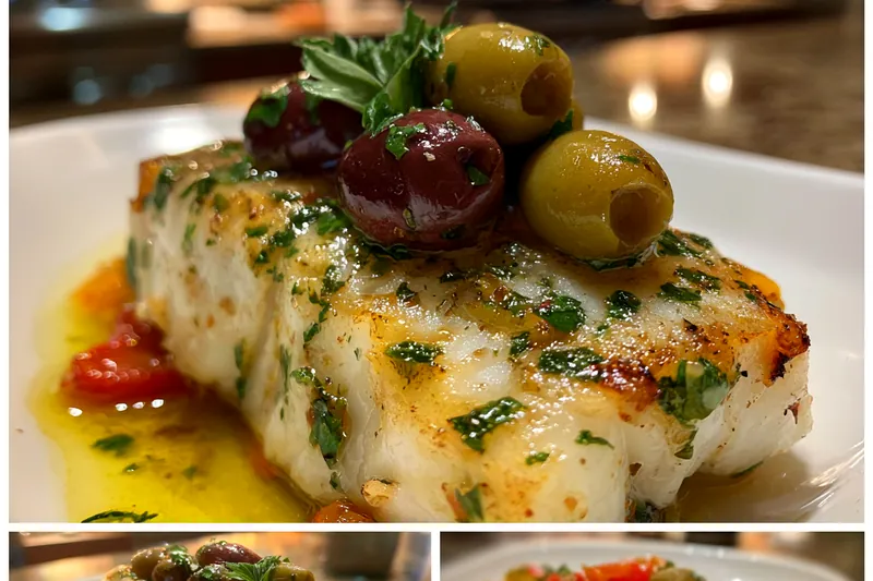 Chef Mitchell carefully plating the baked cod with fresh herbs and lemon slices.