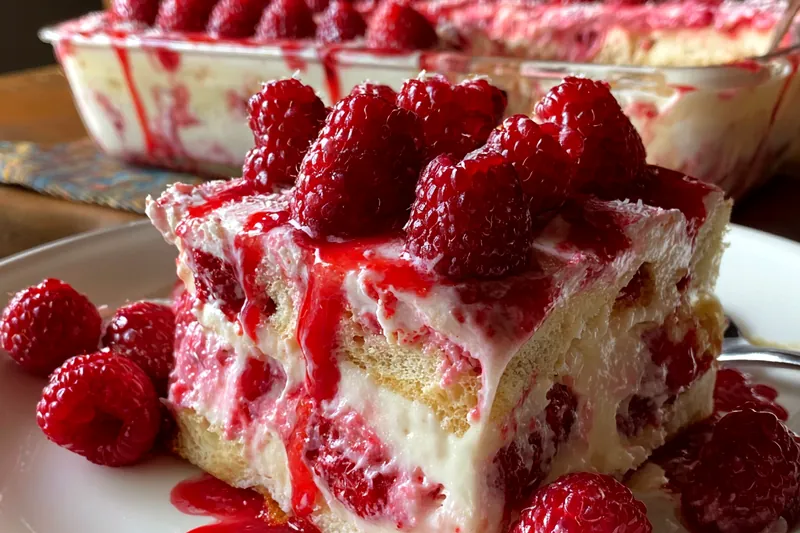 Ingredients for raspberry tiramisu: fresh raspberries, tub of mascarpone, ladyfinger cookies, heavy cream, and sugar on a marble surface