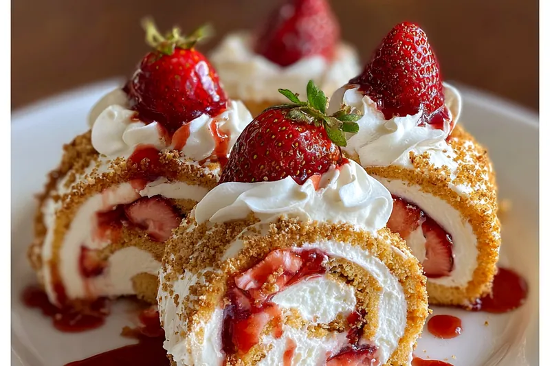 Baking ingredients including eggs, flour, sugar, fresh strawberries, and heavy cream arranged on a marble counter