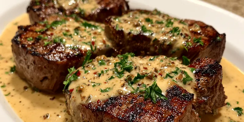 A beautifully plated Garlic Cream Sauce Steak garnished with fresh herbs, showcasing the rich cream sauce.