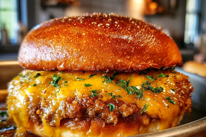A close-up of sizzling patties in a skillet, with melted cheddar cheese oozing over the sides.