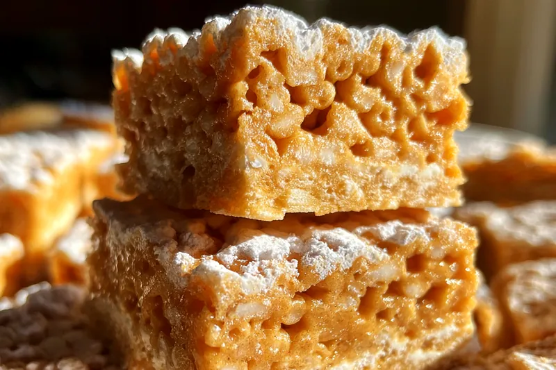 A step-by-step cooking process photo showcasing the melting of marshmallows and mixing ingredients for Gingerbread Rice Krispie Squares.
