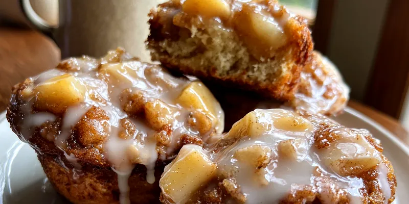 Golden brown apple fritter monkey bread muffins stacked on a plate, dripping with white vanilla glaze and showing chunks of cooked apple