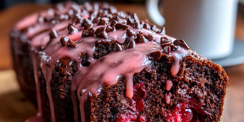 Close up of a slice of chocolate cherry loaf cake showing moist crumb, red cherries inside, and pink glaze dripping down the side