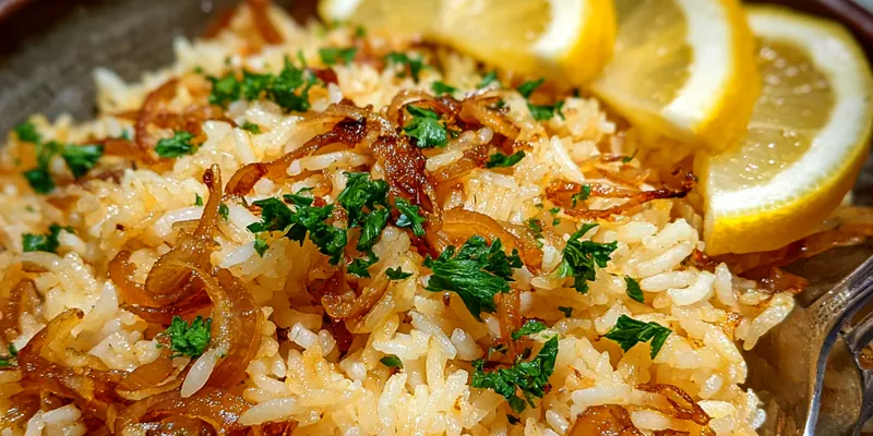 Delicious Golden Onion Butter Rice served on a plate