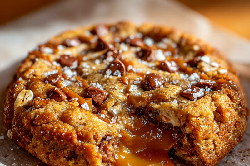 An arrangement of ingredients for Gooey Caramel Oatmeal Cookies, including oats, caramel bits, and butter.
