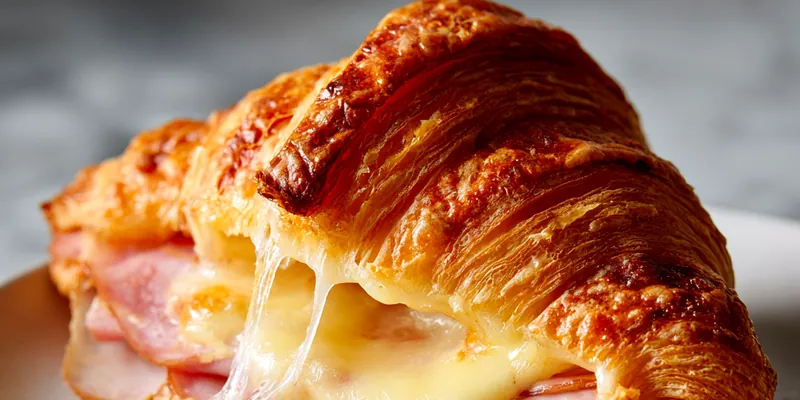 Golden-brown flaky croissant filled with melted cheese stretching from ham slices, served on a white plate with visible buttery layers