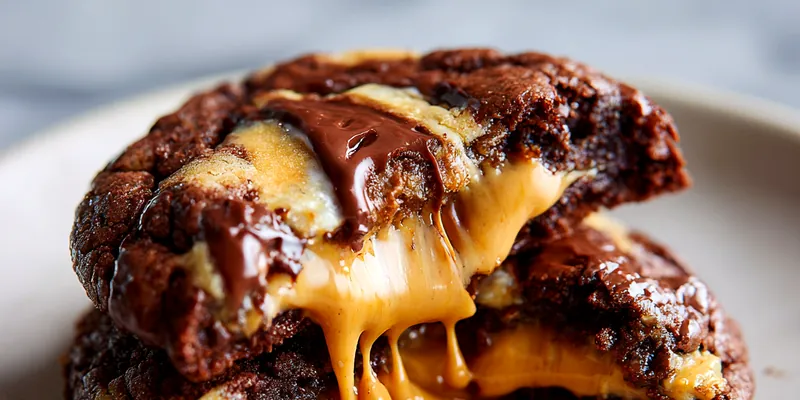 Stack of chocolate cookies broken open to show gooey caramel filling, sitting on a ceramic plate