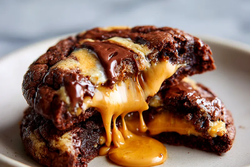 Baking ingredients including cocoa powder, soft caramels, flour, butter, and sea salt arranged on a marble surface