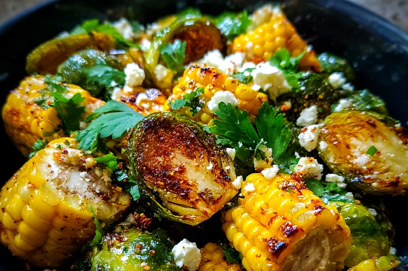 Fresh ingredients for Grilled Corn Brussels Delight