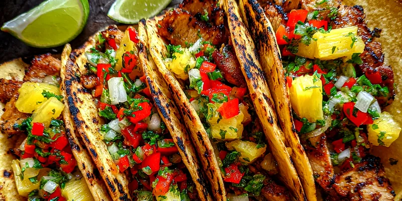 Delicious Grilled Pineapple Chicken Tacos served on a plate