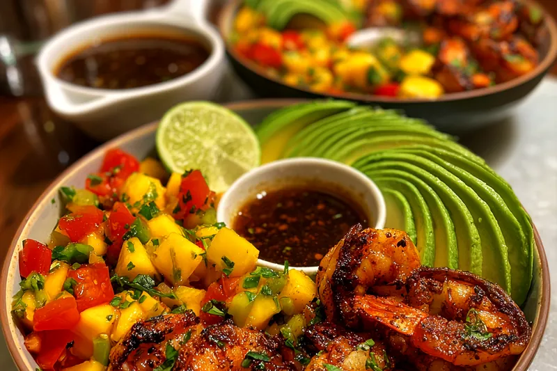 Fresh ingredients for Grilled Shrimp Avocado Bowls