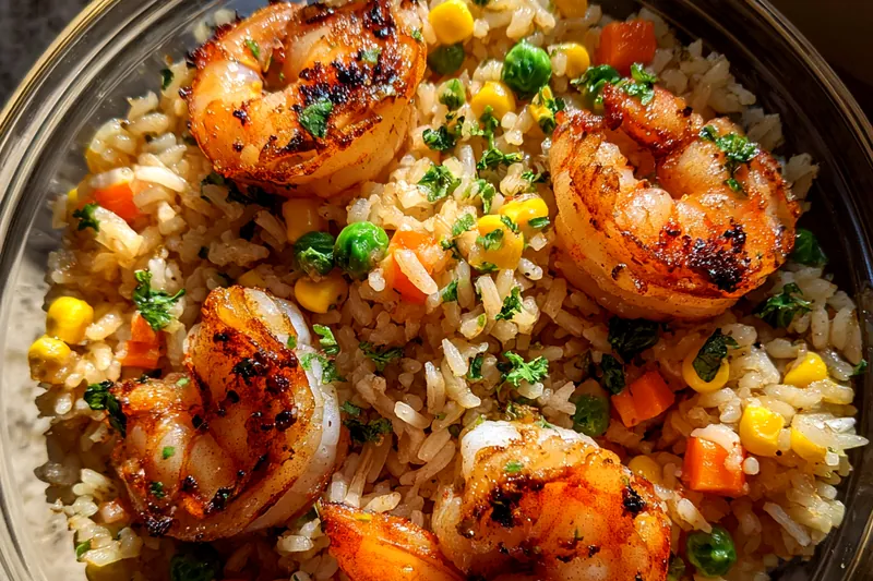 Fresh ingredients for Grilled Shrimp Rice Bowl