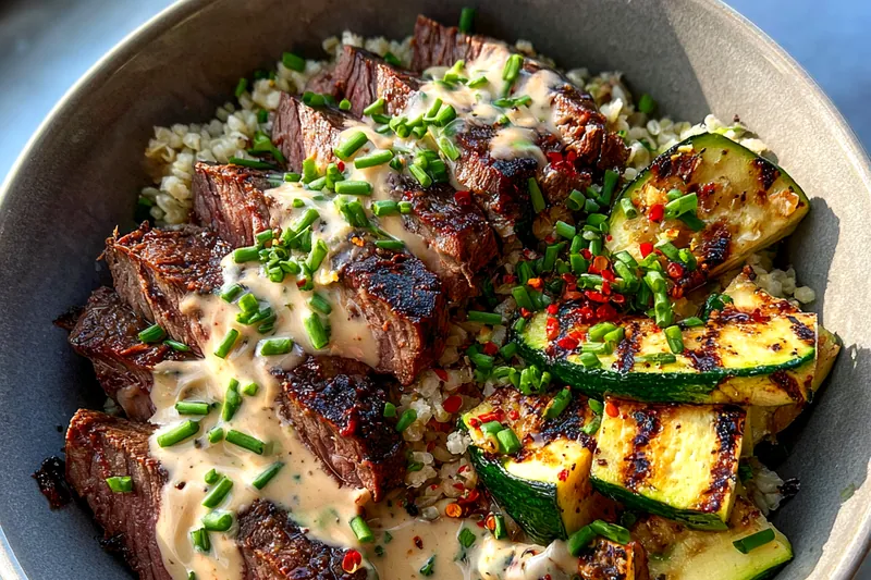 Fresh ingredients for Grilled Steak and Zucchini Bowl