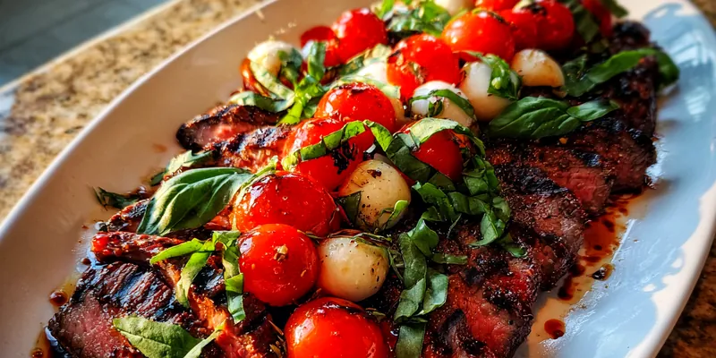 Delicious Grilled Steak Caprese Salad served on a plate