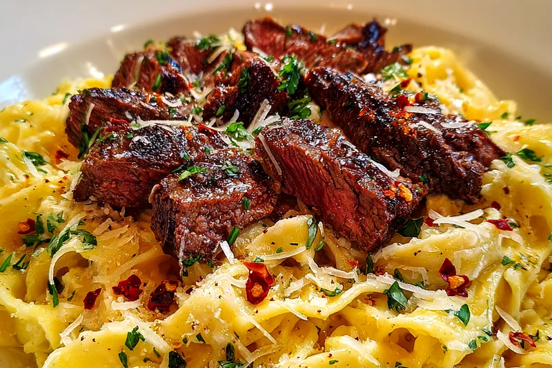 Fresh ingredients for Grilled Steak Fettuccine Delight