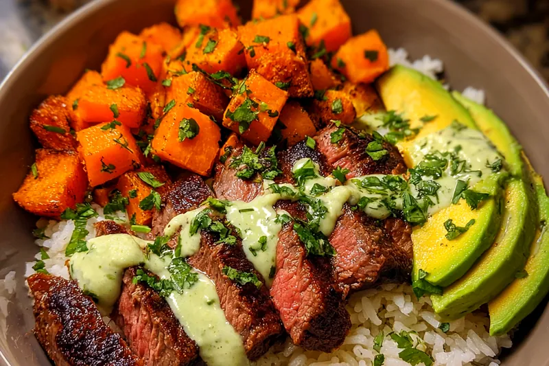 Fresh ingredients for Grilled Steak Sweet Potato Bowl