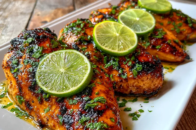 A colorful array of fresh ingredients for Grilled Tropical Citrus Chicken including chicken, citrus fruits, and spices.