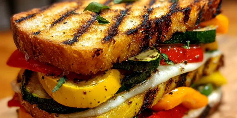 A colorful plate of Grilled Veggie Mozzarella Delight with grilled zucchini, bell peppers, and melted mozzarella.