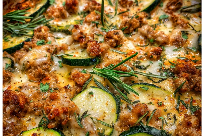 The Healthy Ground Turkey Zucchini Bake being placed into the oven, ready to be baked until golden and bubbly.