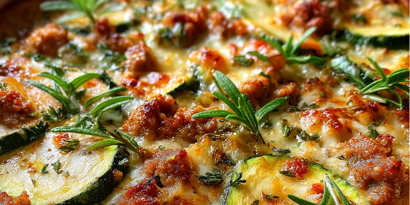 A delicious Healthy Ground Turkey Zucchini Bake topped with melted cheese and garnished with fresh basil.