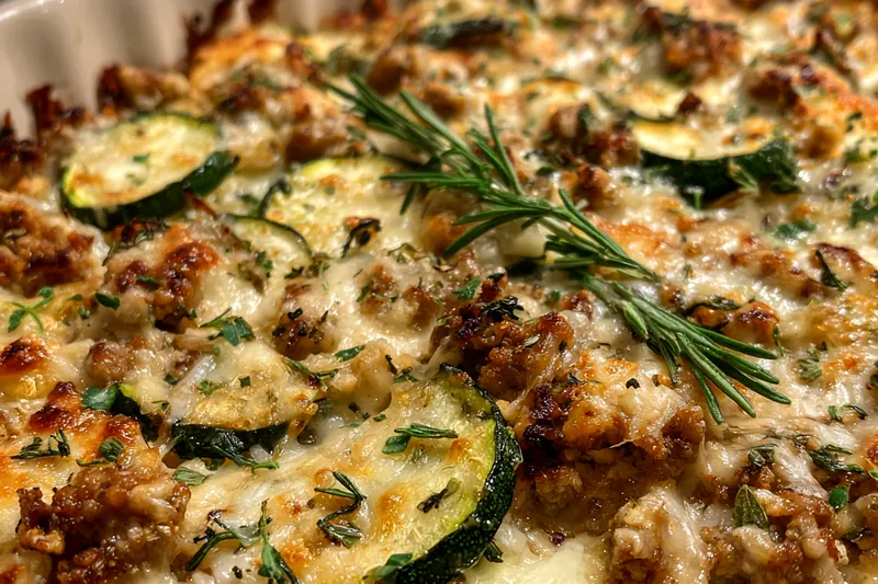 A variety of fresh ingredients including zucchini, ground turkey, and spices prepared for the Healthy Ground Turkey Zucchini Bake.