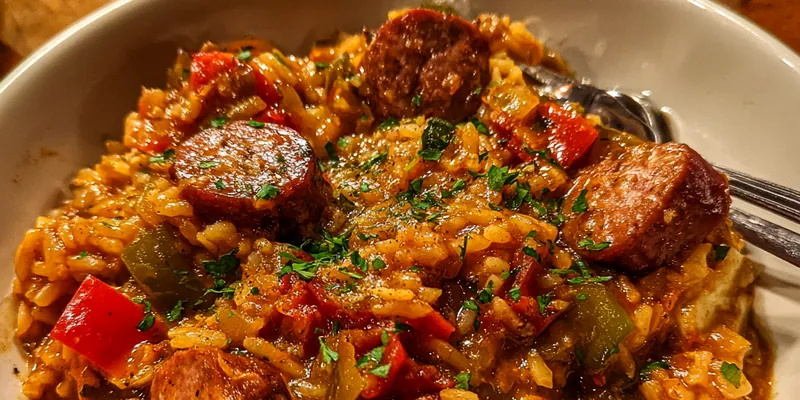 Delicious Hearty Slow Cooker Jambalaya served on a plate